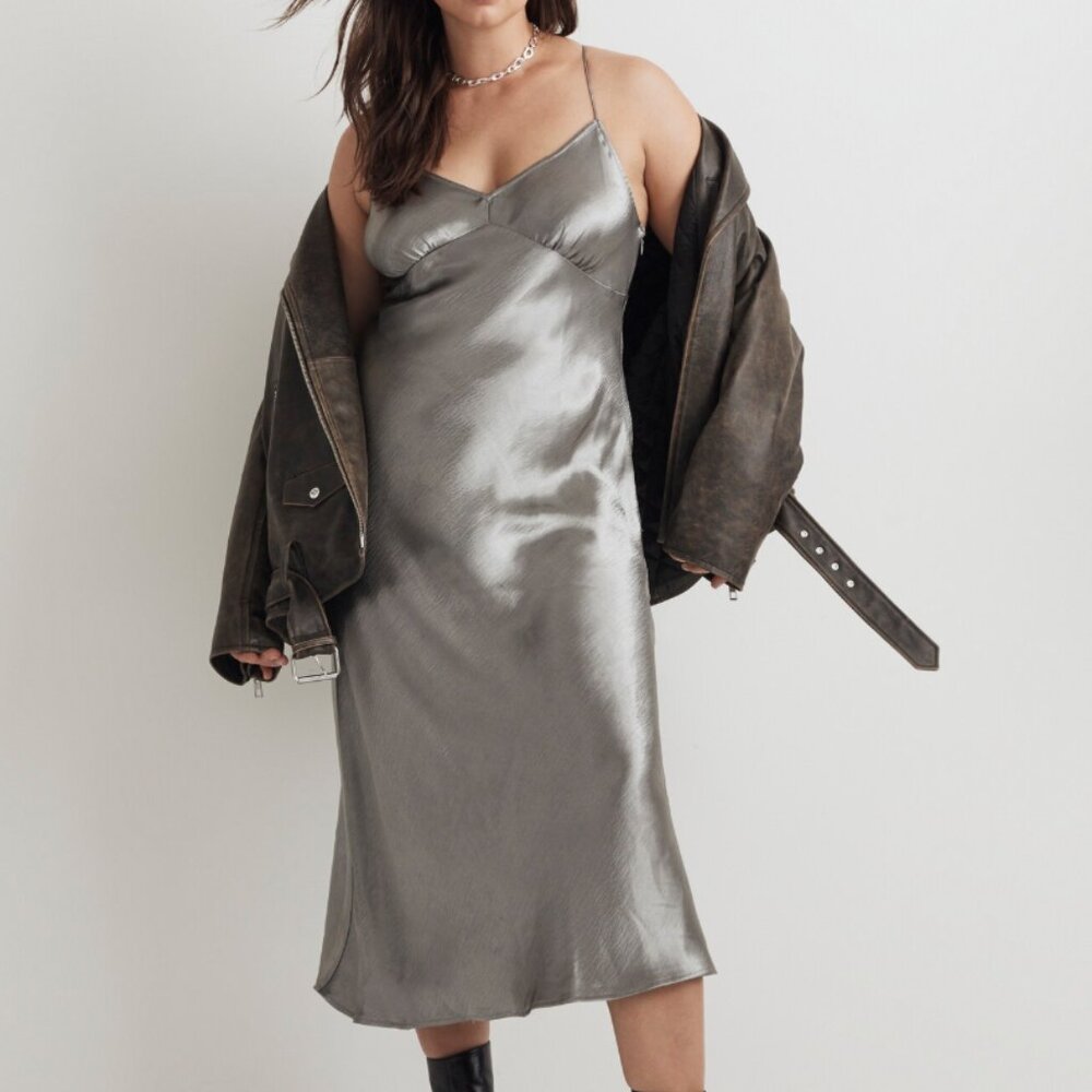 The Layton Midi Slip Dress – Metallic Recycled Satin, Size 8